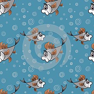Seamless pattern - stylized fish in the sea or aquarium, surrounded by air bubbles - graphics.