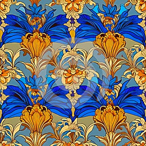 Seamless pattern with stylized iris flowers for vintage Victorian wallpaper