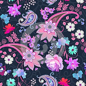 Seamless pattern with stylized mandala and paisley, beautiful flowers and blue butterfly against lace ornament on dark background