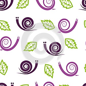 Seamless pattern with stylized snails and leaves.