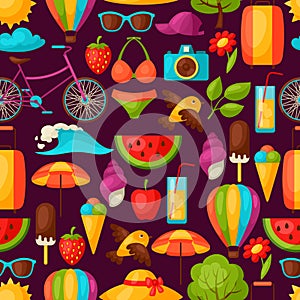 Seamless pattern with stylized summer objects. Background made without clipping mask. Easy to use for backdrop, textile