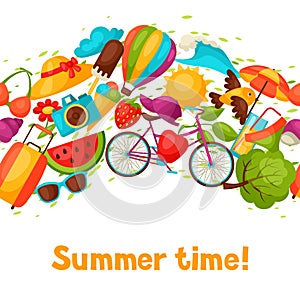 Seamless pattern with stylized summer objects. Background made without clipping mask. Easy to use for backdrop, textile