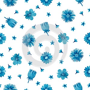 Seamless pattern with stylized watercolor blue flowers on a white background.