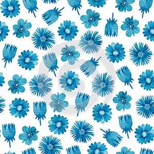 Seamless pattern with stylized watercolor blue flowers on a white background.