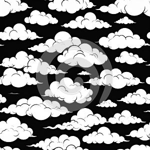 Seamless Pattern of Stylized White Clouds on a Black Background