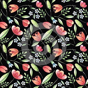 Seamless pattern with stylized wildflowers on a black background.
