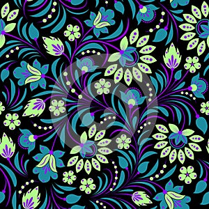 Seamless pattern of stylizedflowers and leaves