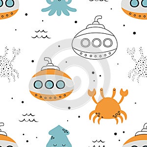 Seamless pattern with submarines in cartoon style
