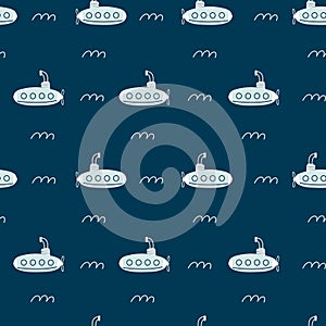 Seamless pattern with submarines. Sea transport. Cute cartoon marine pattern for textile, fabric. Childish print. Vector