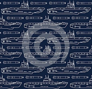 Seamless pattern with submarines and torpedoes