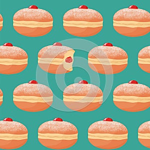 Seamless pattern with sufganiyah jelly donuts with powdered sugar topping, with missing bite and berry jam filling. Vector illustr