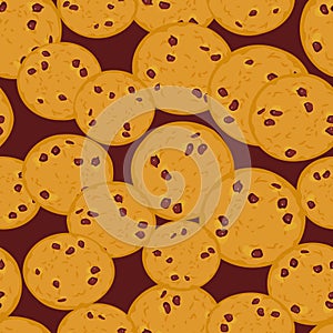 Seamless pattern sugar Chocolate chip cookie, Freshly golden toasted baked cookies. Bright colors dark brown background. Vector