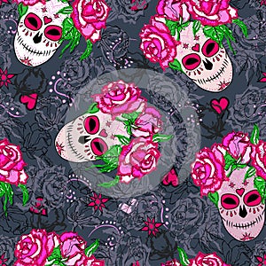 Seamless pattern with sugar skull and pink roses.