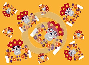 Seamless pattern with sugar skulls and flowers on orange background.