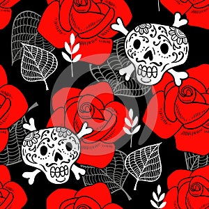 Seamless pattern with sugar skulls and red roses.