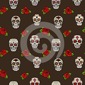 Seamless pattern with sugar skulls and roses. Day of the dead.