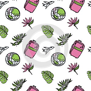 Seamless pattern of suitcase and tropical elements, hand-drawn in sketch style. Hawaii. Leaves and flowers. Large