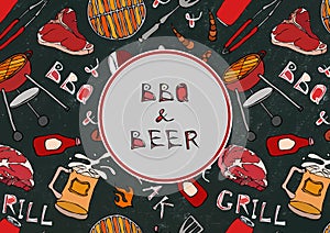 Seamless Pattern of Summer BBQ and Beer Party. Steak, Sausage, Barbeque Grid, Tongs, Fork, Fire, Ketchup. Black Board Background a