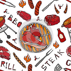 Seamless Pattern of Summer BBQ Grill Party. Big Porterhouse Steak, Sausage, Barbeque Grid, Tongs, Fork, Fire, Ketchup. Hand Drawn