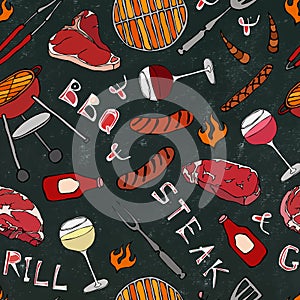 Seamless Pattern of Summer BBQ Grill Party. Glass of Red, Rose and White Vine, Steak, Sausage, Barbeque Grid. Black Board Backgrou