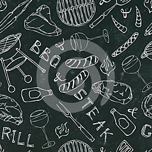 Seamless Pattern of Summer BBQ Grill Party. Glass of Red, Rose and White Vine, Steak, Sausage, Barbeque Grid. Black Board Backgrou