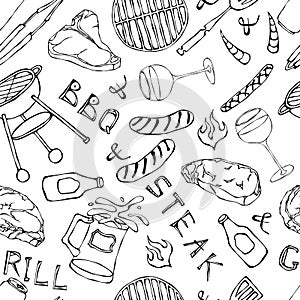 Seamless Pattern of Summer BBQ Grill Party. Glass of Red, White VineSteak, Sausage, Barbeque Grid, Tongs, Fork. Hand Drawn Vector