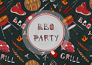 Seamless Pattern of Summer BBQ Grill Party. Steak, Sausage, Barbeque Grid, Tongs, Fork, Fire, Ketchup. Black Board Background and