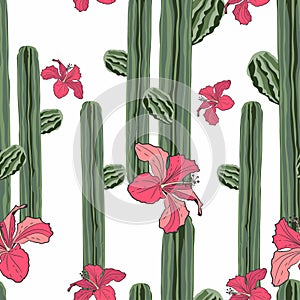 Seamless pattern summer cactus on desert mix with beautiful blooming hibiscus flower for fashion