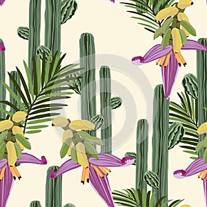 Seamless pattern summer cactus on desert mix with beautiful palm leaves and exotic flowers for fashion