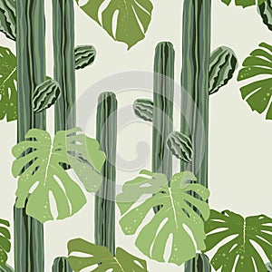 Seamless pattern summer cactus on desert mix with beautiful palm leaves for fashion fabric