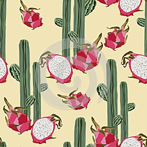 Seamless pattern  summer cactus with dragon fruits on desert, mix for fashion fabric and all prints