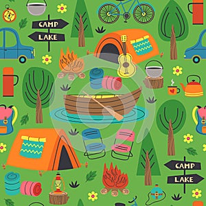 Seamless pattern with summer camping in forest