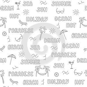 Seamless pattern summer concept. Words summer Paradise ocean Sea Vacation Beach. Contour drawings of palm trees