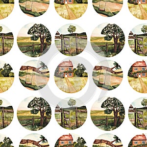 Seamless pattern with summer countryside landscapes. Watercolor illustration, country