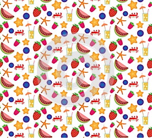 seamless pattern summer fruits and cocktails, beach party