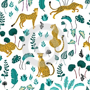 Seamless pattern of summer paradise in tropical jungles with cheetahs and foliage on white backdrop