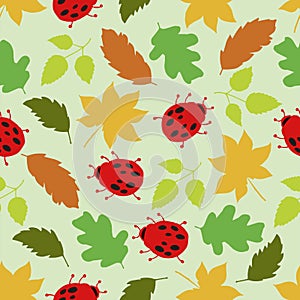 seamless pattern, summer, red ladybugs, leaves of different colors on a white