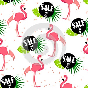 Seamless pattern for summer sale with cute flamingo, palm leaves and text on white background. Ornament for textile and wrapping.