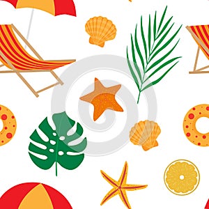 Seamless pattern summer sea beach palm leaves deck chair umbrella seashell starfish vector illustration