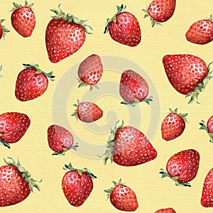 Seamless pattern - summer strawberry on yellow background. Watercolor art