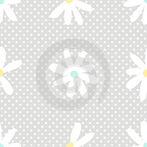 Seamless pattern with summer white flowers on a gray polka dot background