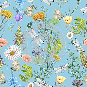 Seamless pattern of summer wildflowers