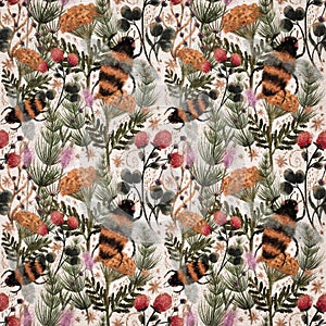 Seamless pattern with summer wildflowers and bees