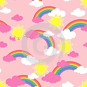 Seamless pattern with sun. clouds and rainbow. Wallpaper for children room
