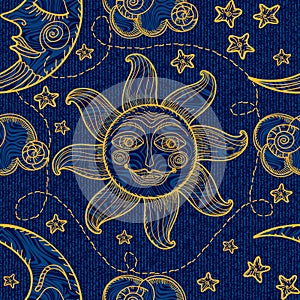 Seamless pattern with sun, moon and clouds.