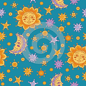 Seamless pattern with sun, moon and stars