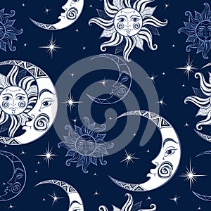 Seamless pattern. Sun moon and stars. Space background. Night sky. A magical fairy backdrop. Vector