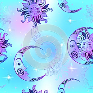 Seamless pattern. Sun moon and stars. Space background. Night sky. A magical fairy backdrop. Vector