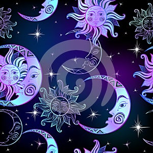 Seamless pattern. Sun moon and stars. Space background. Night sky. A magical fairy backdrop. Vector