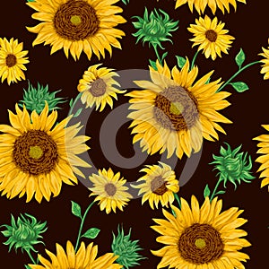 Seamless pattern with sunflowers on black background.